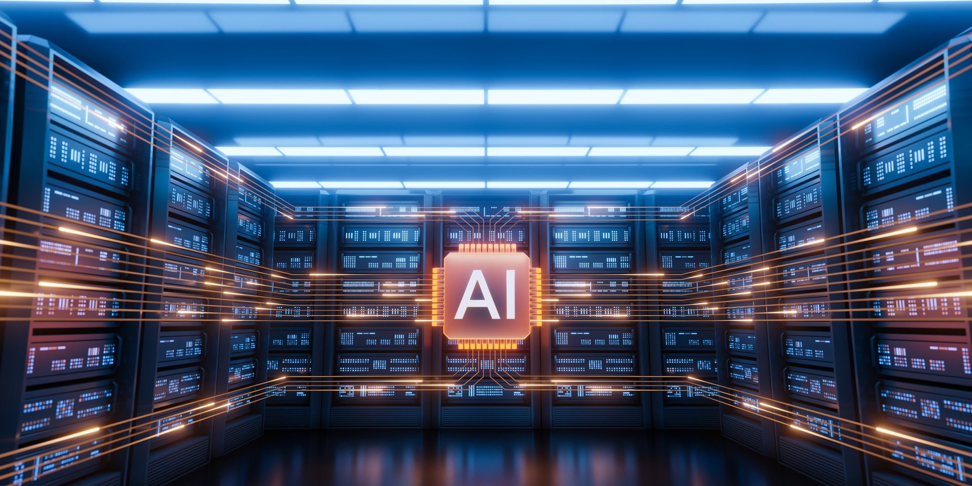 Futuristic AI server room, glowing AI chip, dynamic data flow